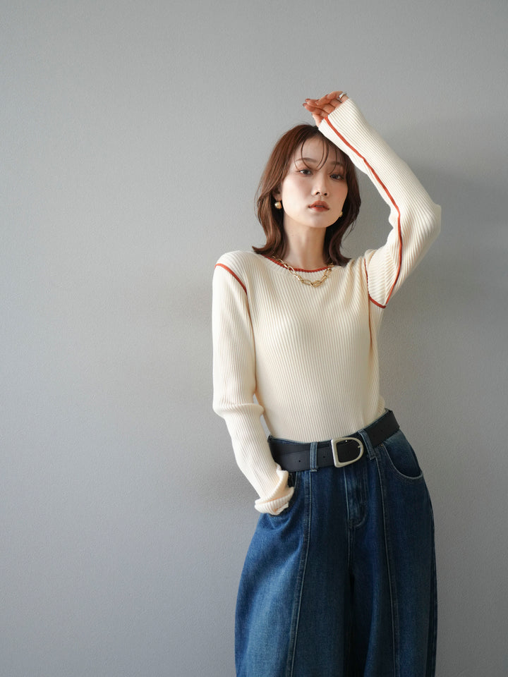 [SET]バイカラークルーネックリブニットトップス+選べるアクセセット(2set)
