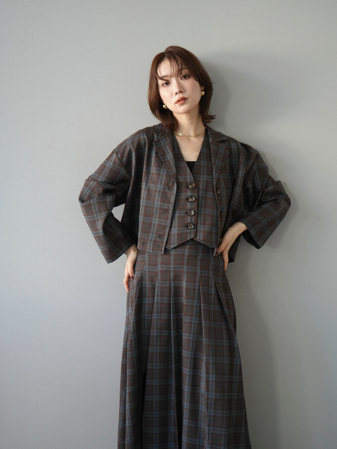 [SET]チェック柄ショートジャケット+チェック柄ベスト+チェック柄タックフレアスカート(3set)