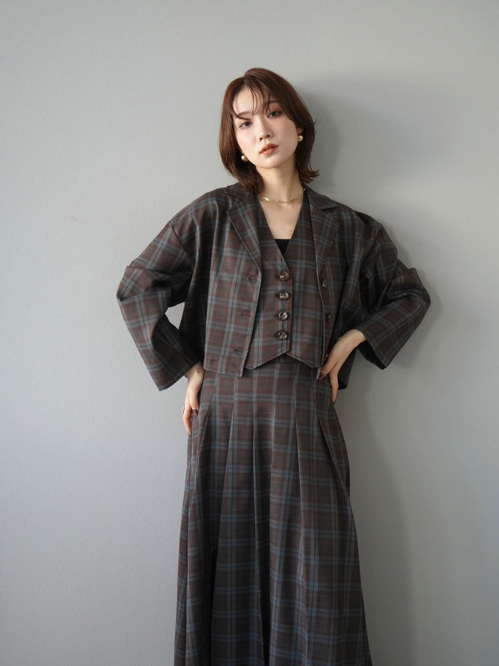 [SET]チェック柄ショートジャケット+チェック柄ベスト+チェック柄タックフレアスカート(3set)