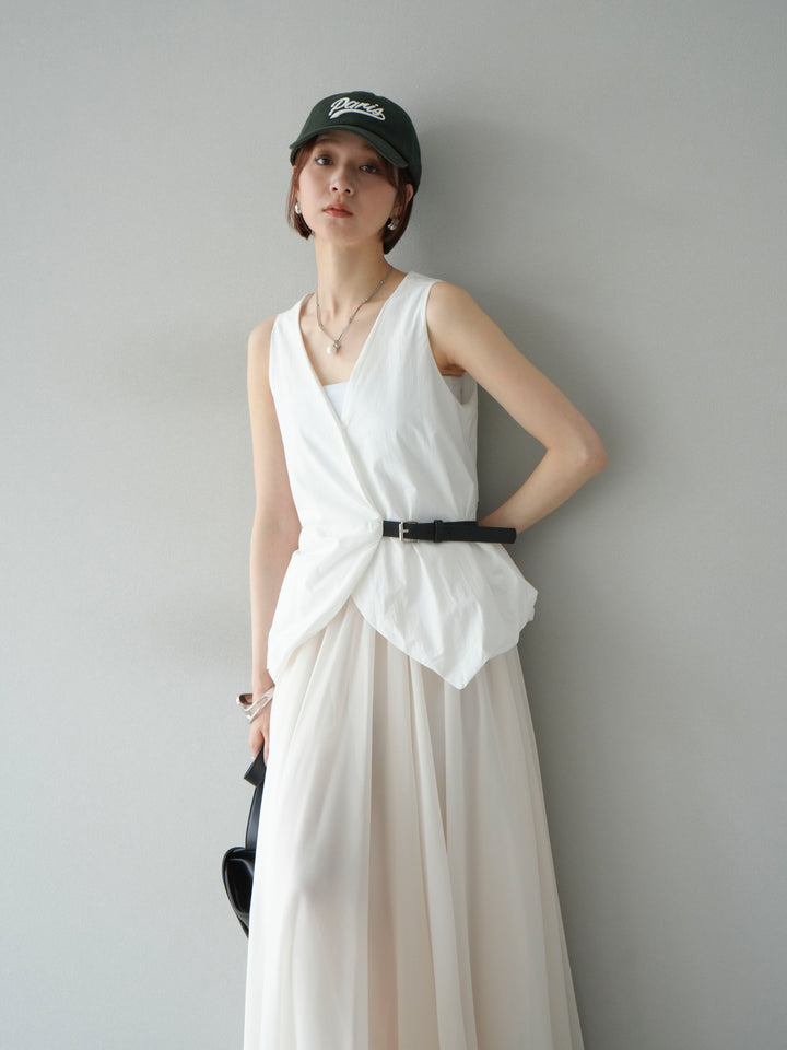 [SET]ベルトデザインバルーンブラウス+シフォンフレアスカート(2set)