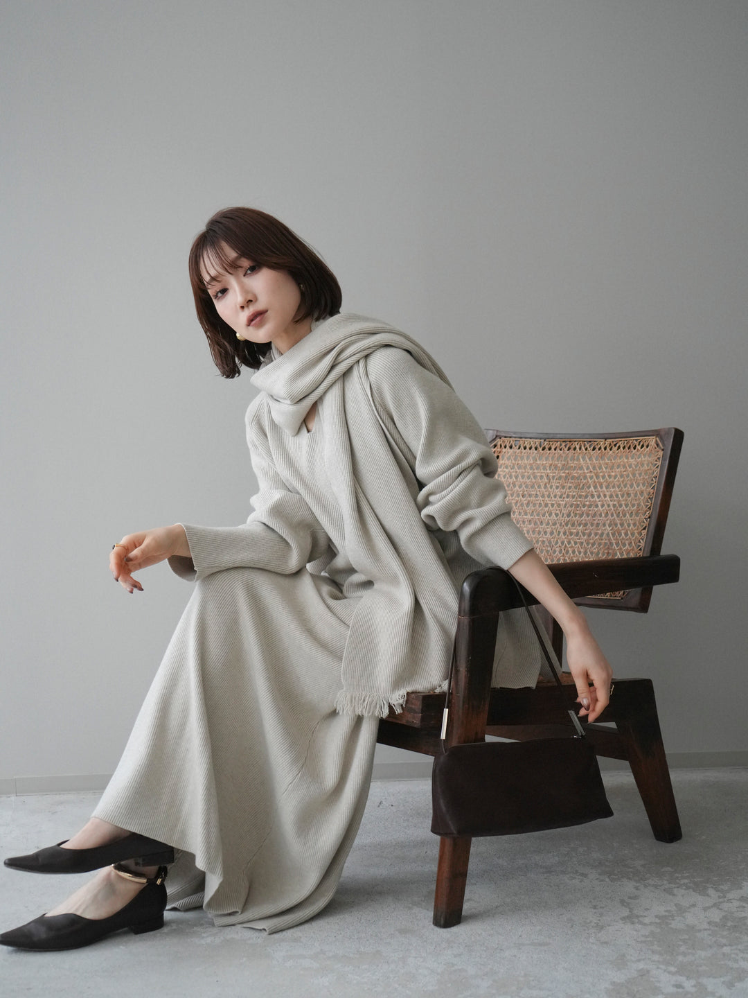 [SET]ストール付キーネックニットSET UP