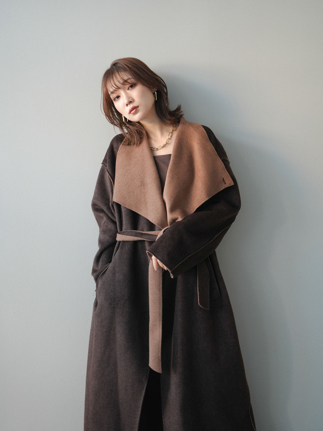 [予約]ダブルフェイスバイカラーロングコート/brown