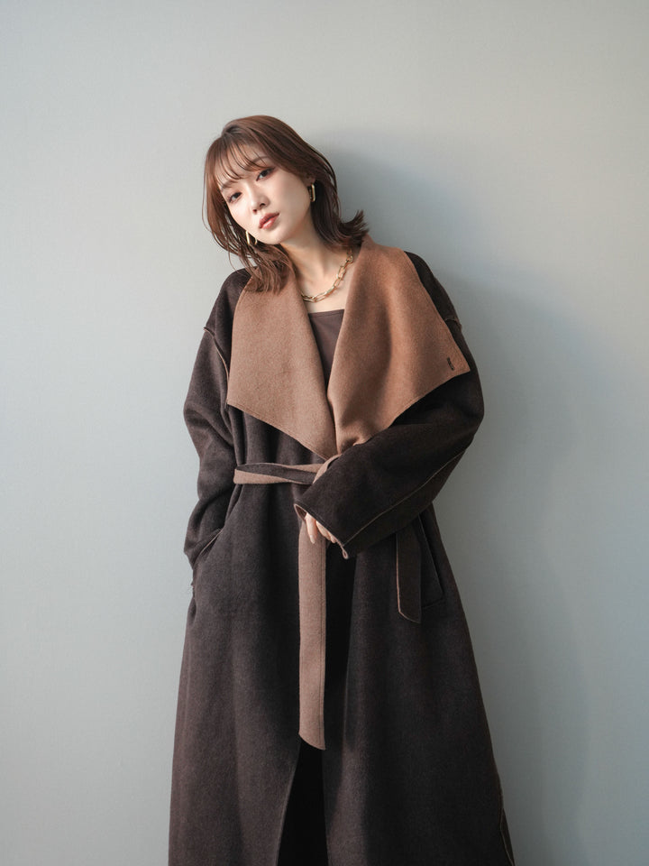 [予約]ダブルフェイスバイカラーロングコート/brown
