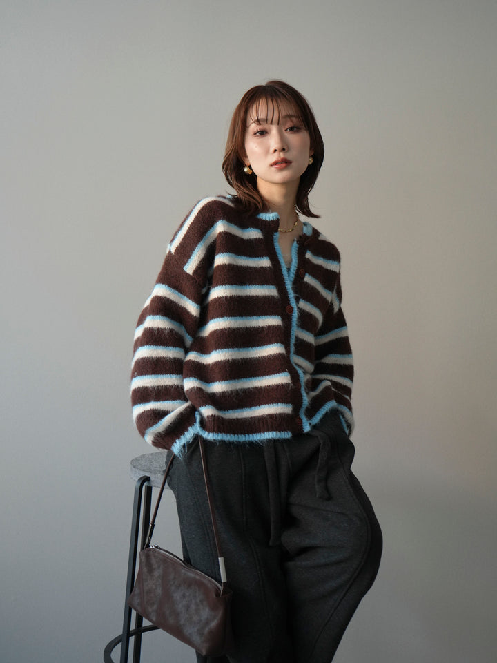 [予約]ウールタッチ配色ボーダーニットカーディガン/brown