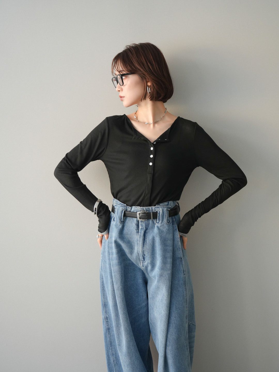 [予約]シアーリブバイカラーカーディガン/black