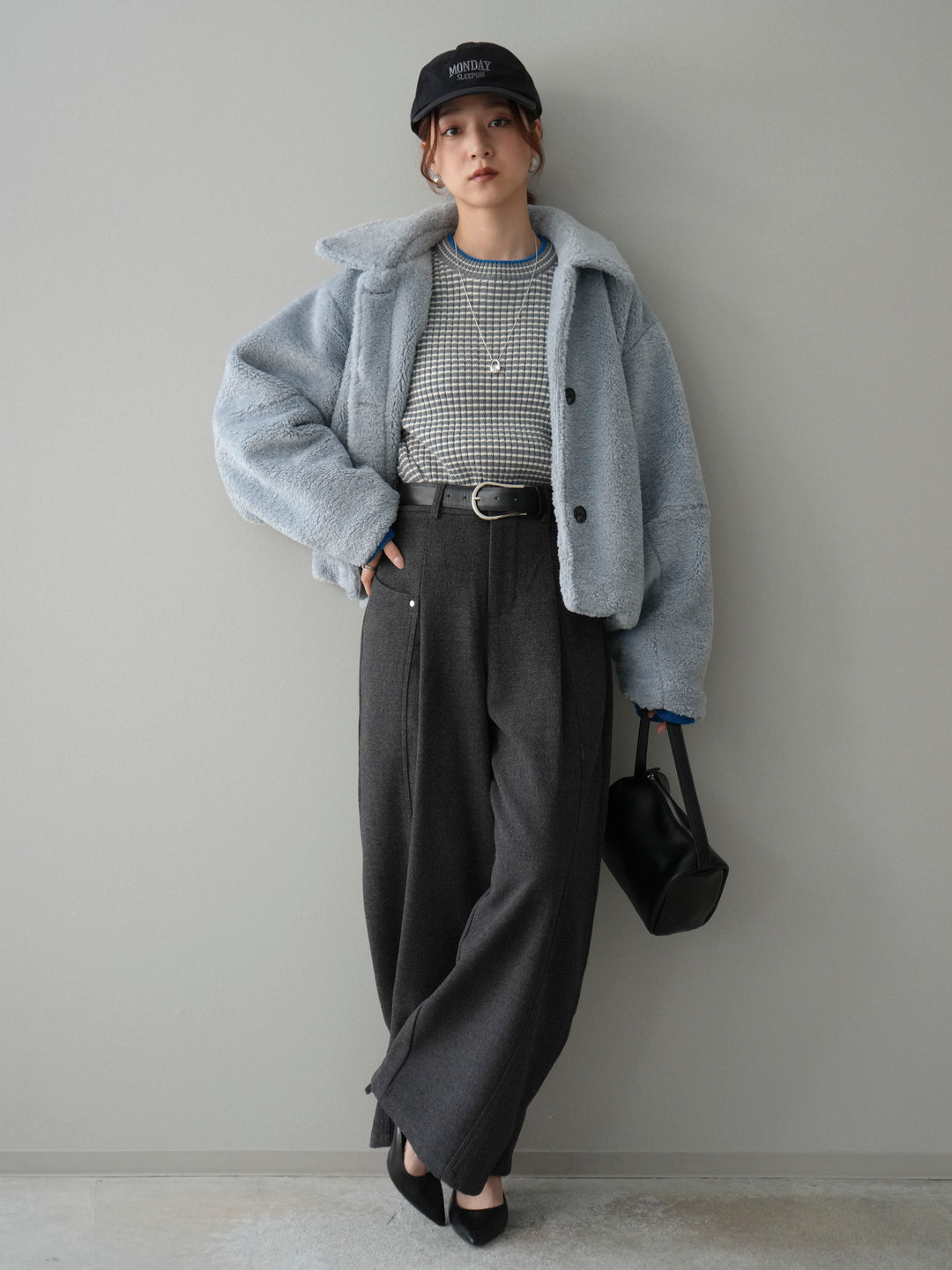 [SET]エコファーステンカラージャケット+ラメ異素材ボーダーリブニットプルオーバー+ベルト付起毛コクーンパンツ(3set)