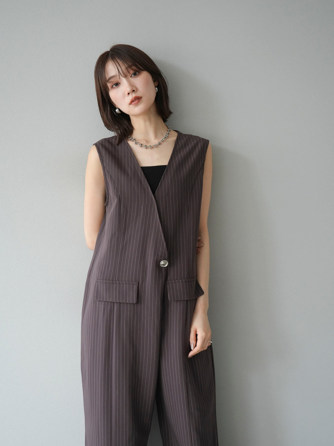 [予約]ストライプラップデザインオールインワン/ブラウン