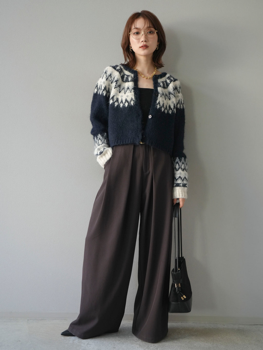 【着回しセット】[SET]求心柄クロップドニットカーディガン+異素材ミックスヤーンニットプルオーバー+ベルトループデザインワイドパンツ(3set)