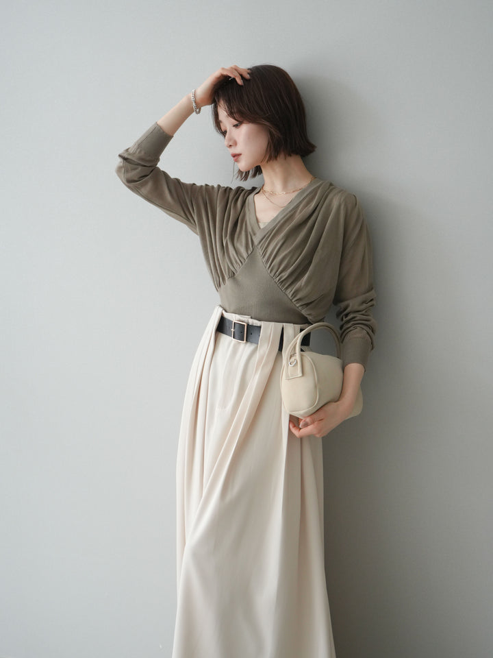 [予約]サイドギャザーVネックニットプルオーバー/beige