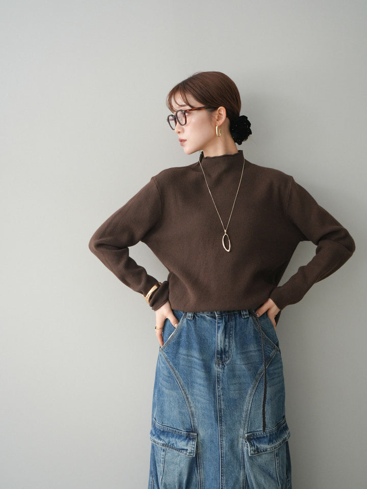 [予約]ボトルネック裾カールリブニットトップス/brown
