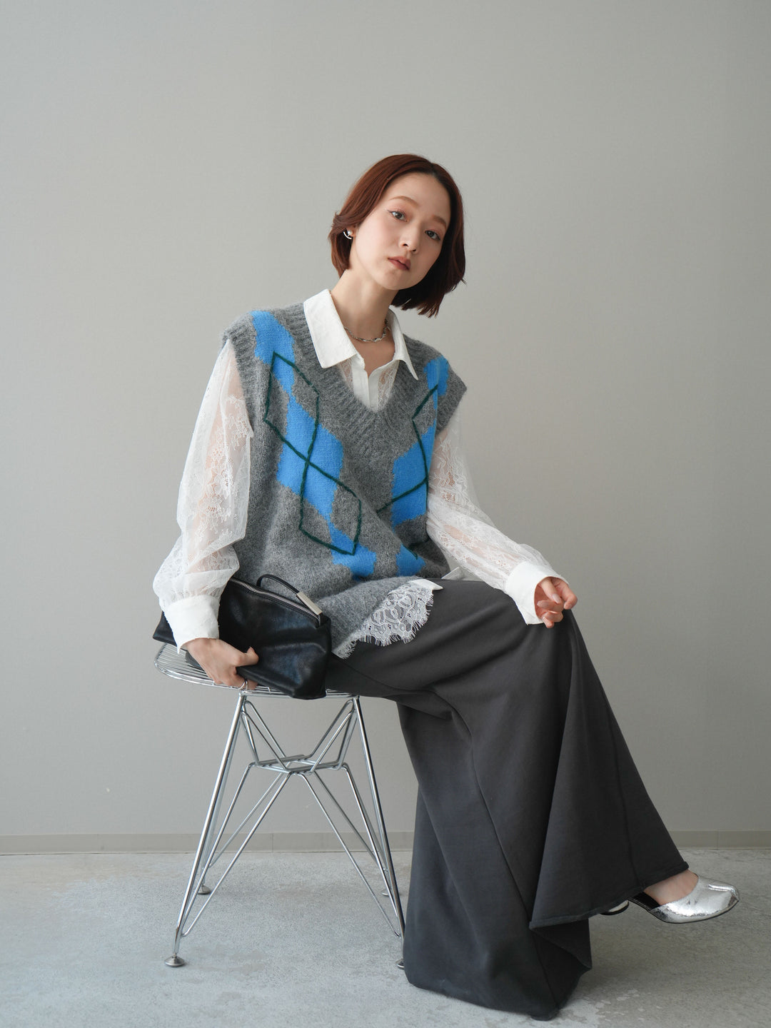 [SET]アーガイルVネックニットベスト+選べるアクセセット(2set)