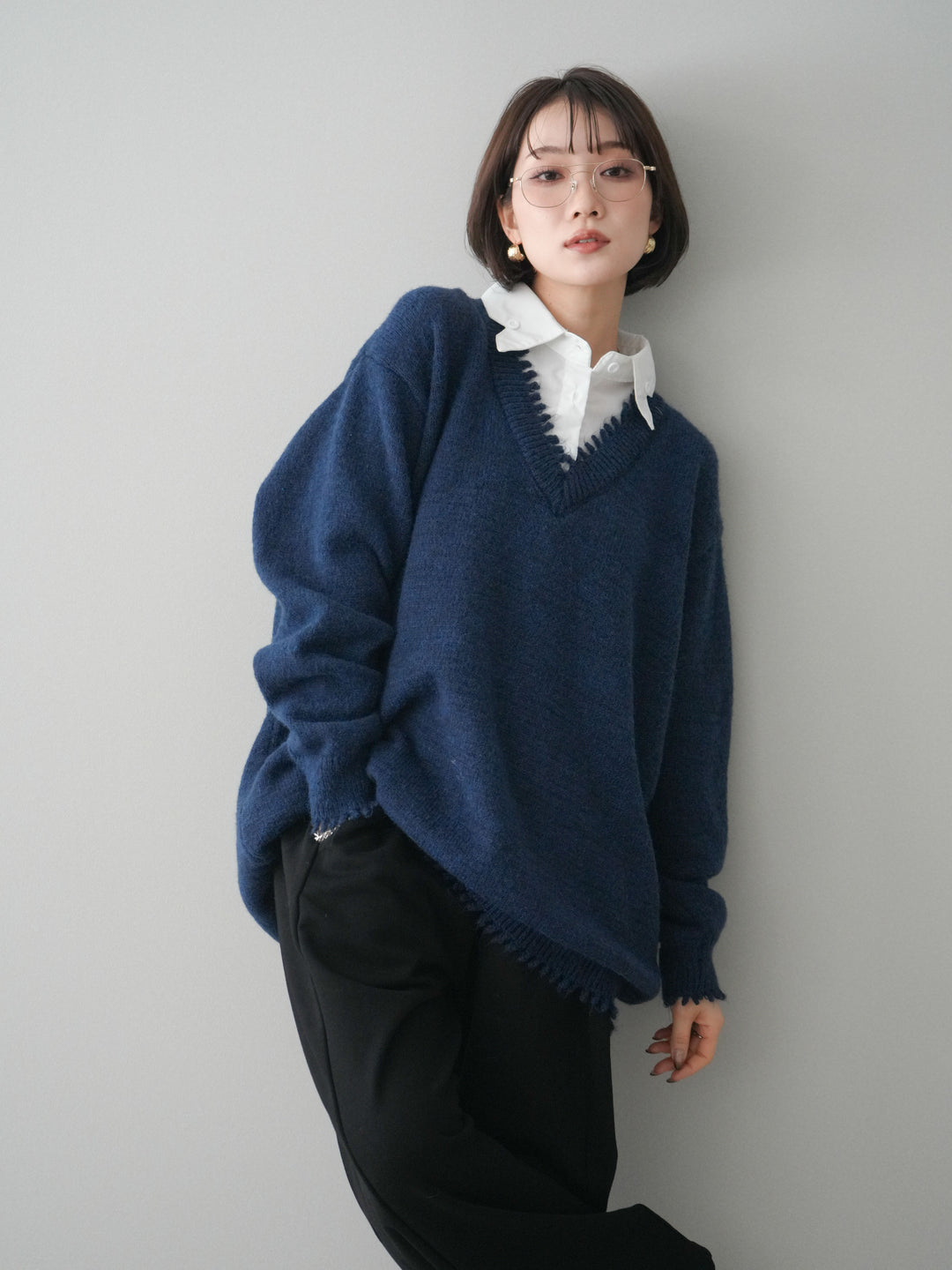 [予約]シャツドッキングVネックフリンジニットプルオーバー/navy