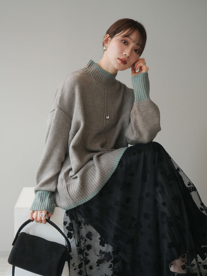 [予約]配色ハイネックニットプルオーバー/mosugraymint