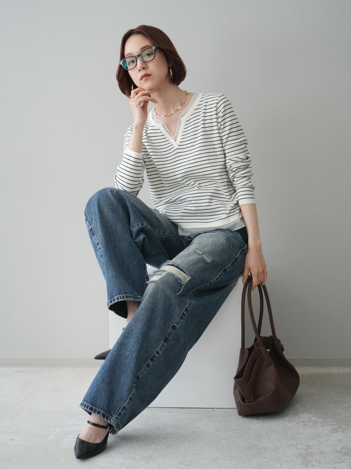 [SET]チュールレイヤードデザインボーダーニットトップス+ダメージデニムセミワイドパンツ(2set)