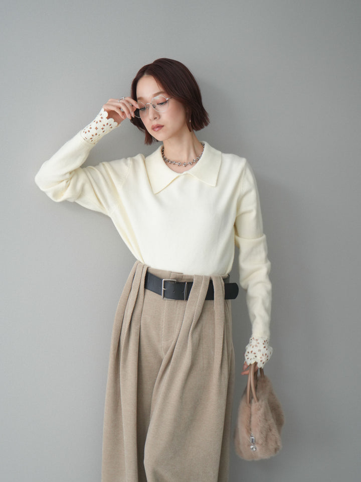 [SET]スカラップレース袖襟付きニットトップス+選べるアクセセット(2set)