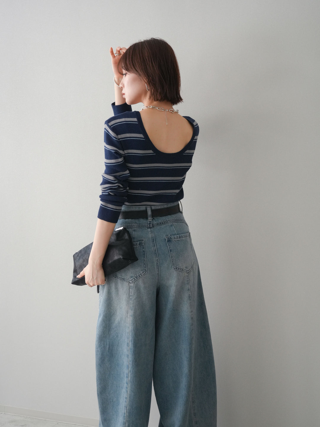 [予約]バックオープンテレコリブマルチボーダートップス/navy