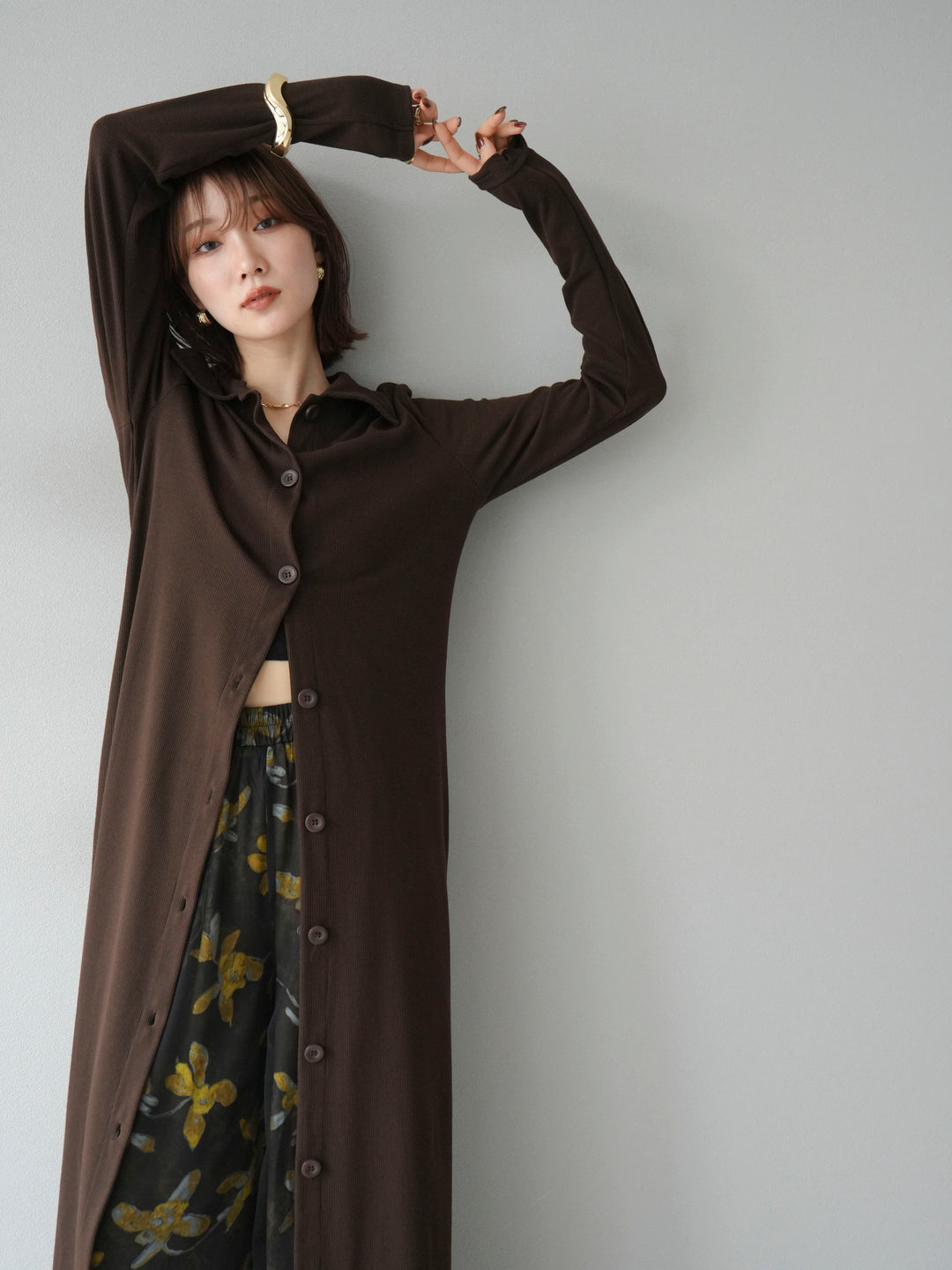 [SET]襟付きカットリブボタンワンピース+フラワープリントチュールレイヤードパンツ(2set)