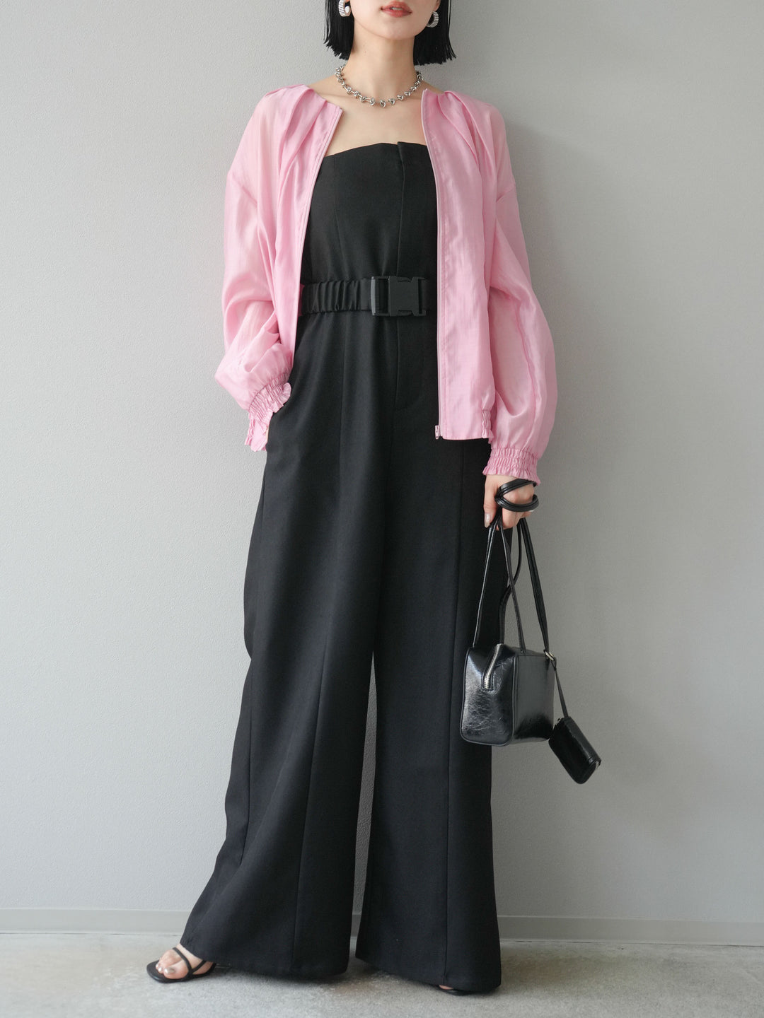 【預購】混色斜紋腰帶熊圖案工裝褲/黑色