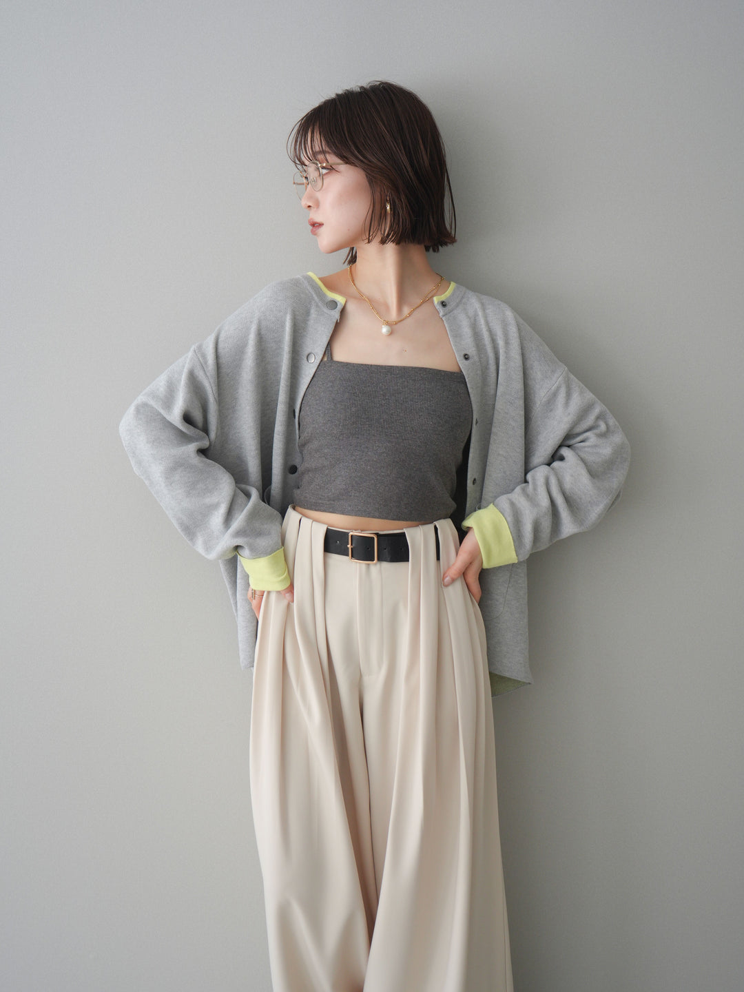 [SET]バイカラーオーバーニットカーディガン+タックベルトループワイドパンツ(2set)