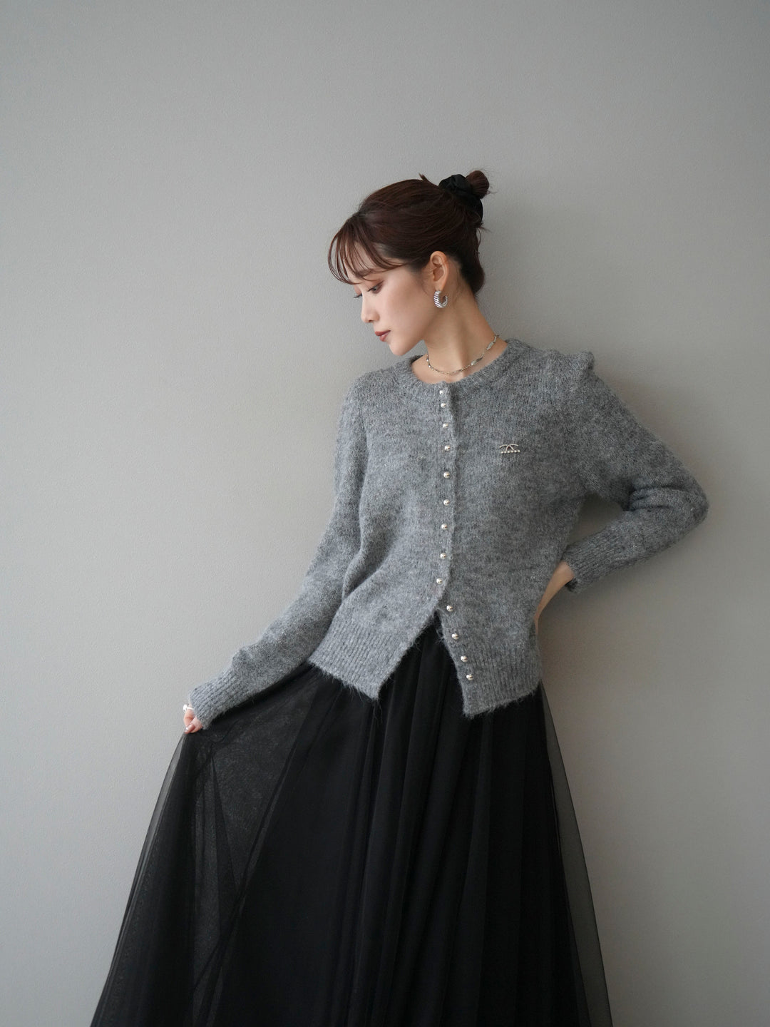 [SET]ブローチ付silverボタンミックスニットカーディガン+選べるアクセセット(2set)