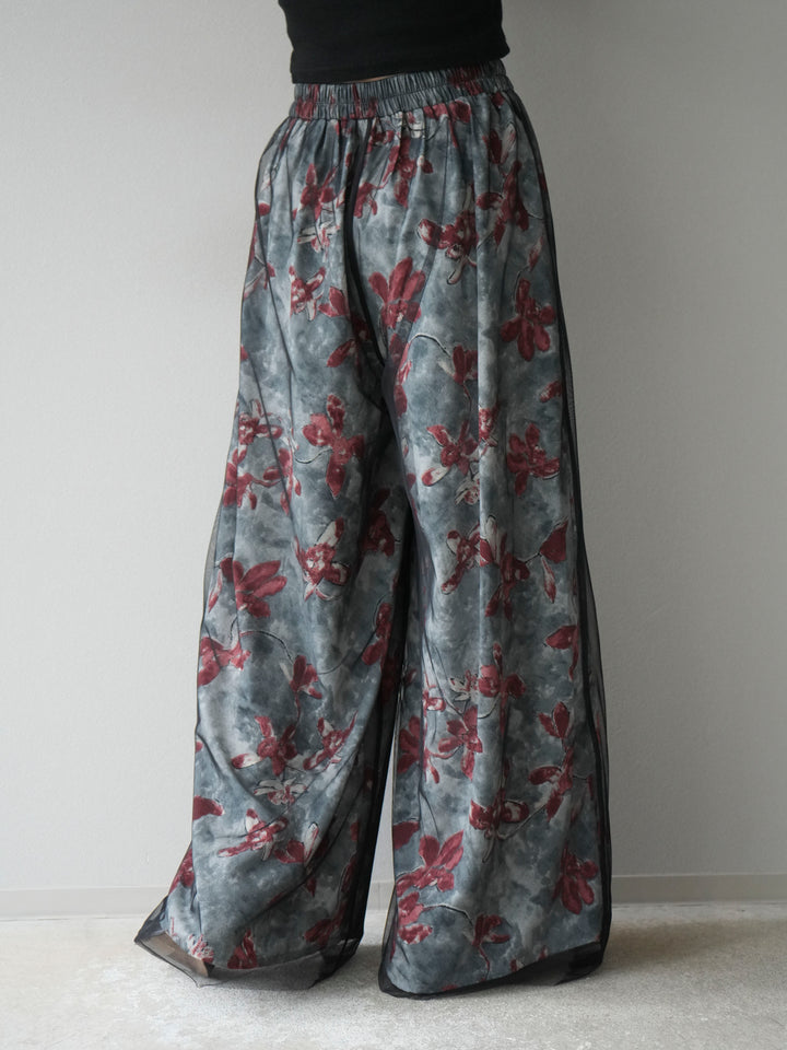 [予約]フラワープリントチュールレイヤードパンツ/グレー