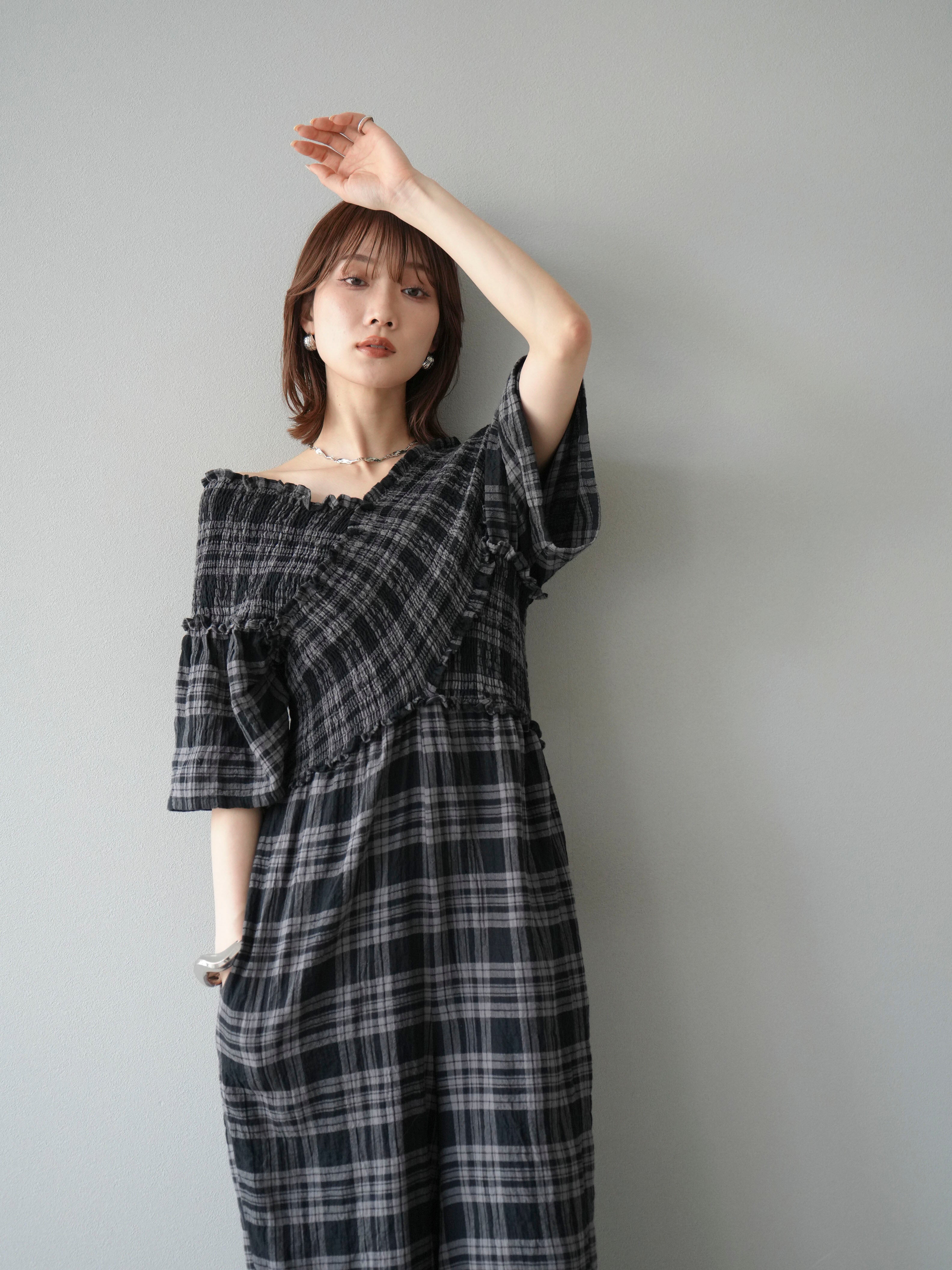 SET]チェック柄ハーフスリーブシャーリングクロスサロペット+選べる