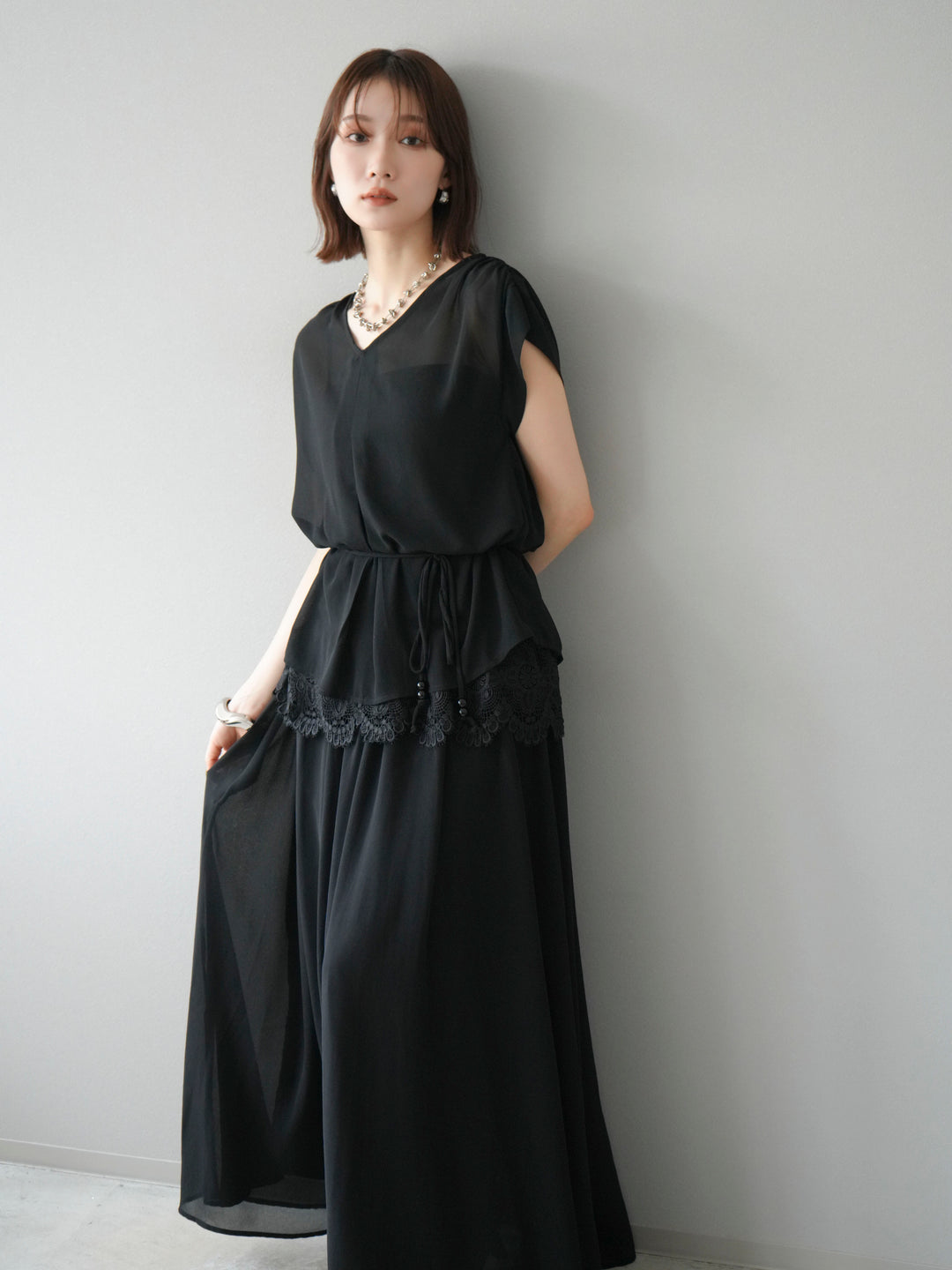 [SET]シフォンブラウス＆レースデザインフレアスカートSET UP(2set)