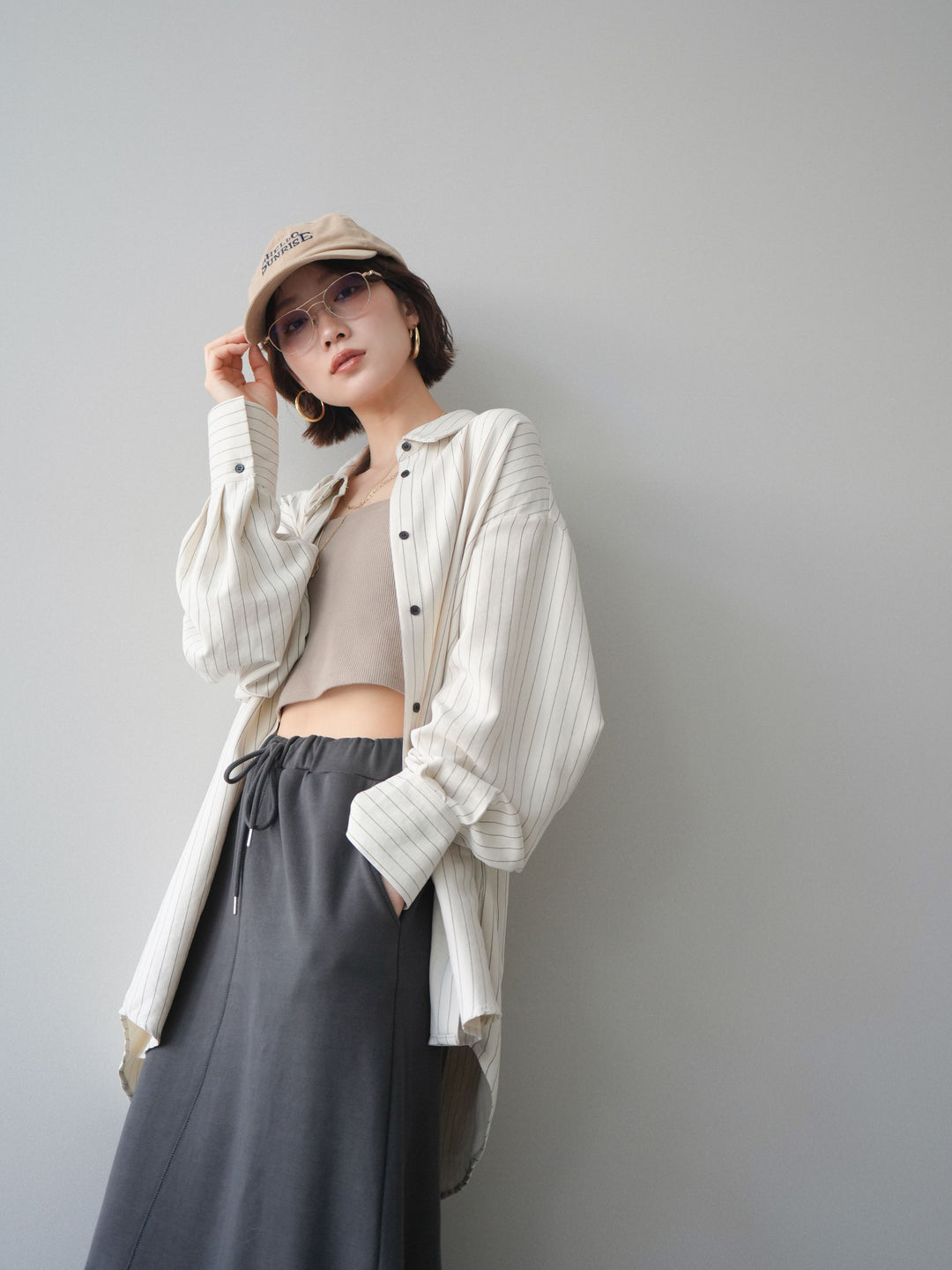 [SET]2WAYカシュクールストライプブラウス+スウェットフレアロングスカート(2set)