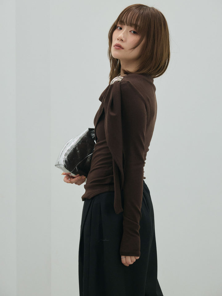 【Allure】[SET]ブローチ付ドレープ裏起毛トップス+モックスカルゼサイドタックコクーンパンツ(2set)