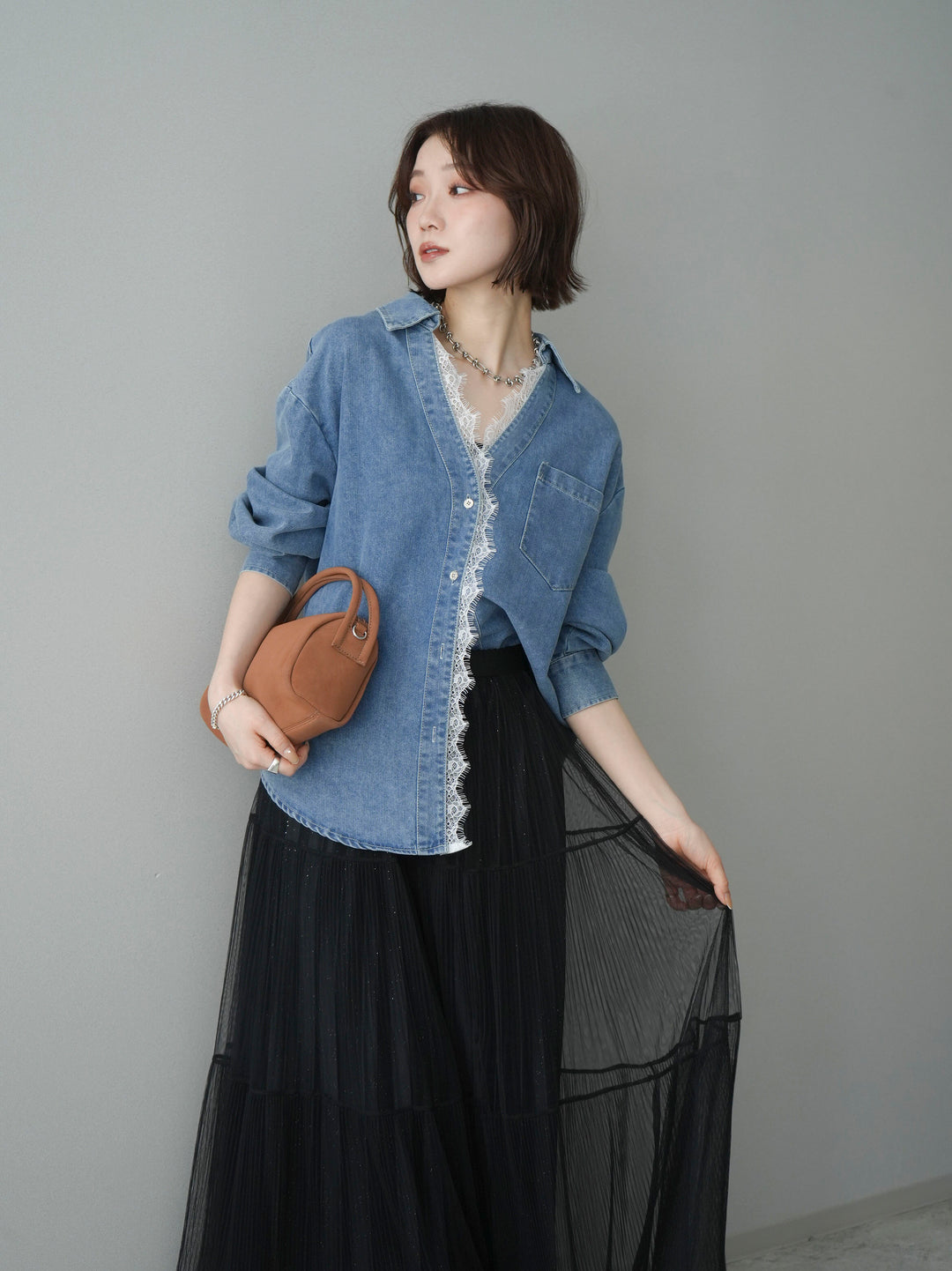 [SET]レースレイヤードデニム開襟シャツ+ラメプリーツレイヤードチュールロングスカート(2set)