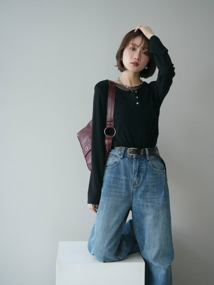 [予約]チュールレイヤードヘンリーネックカットソー/black