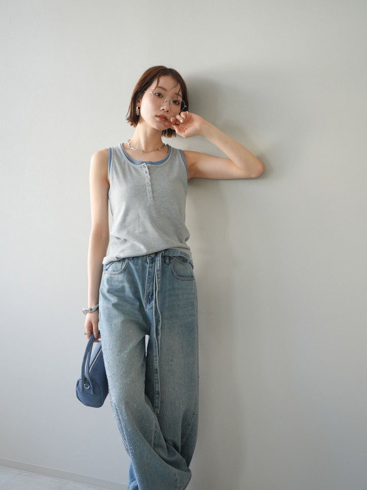 [SET]配色リブヘンリータンクトップ+ウエストベルトビジューワイドデニムパンツ(2set)