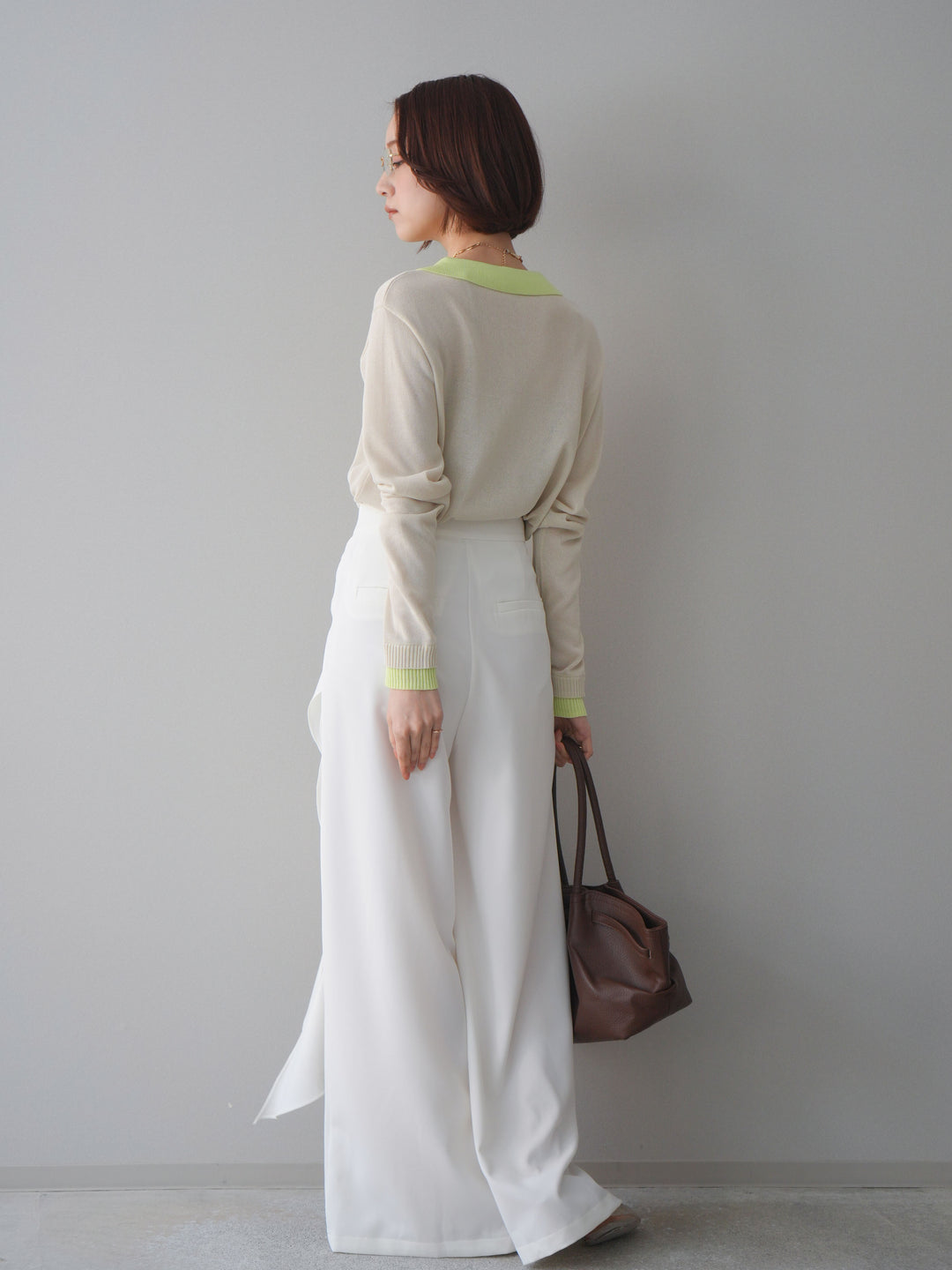 [SET]配色デザインシアーポロニット+ラッフルベルトワイドパンツ(2set)