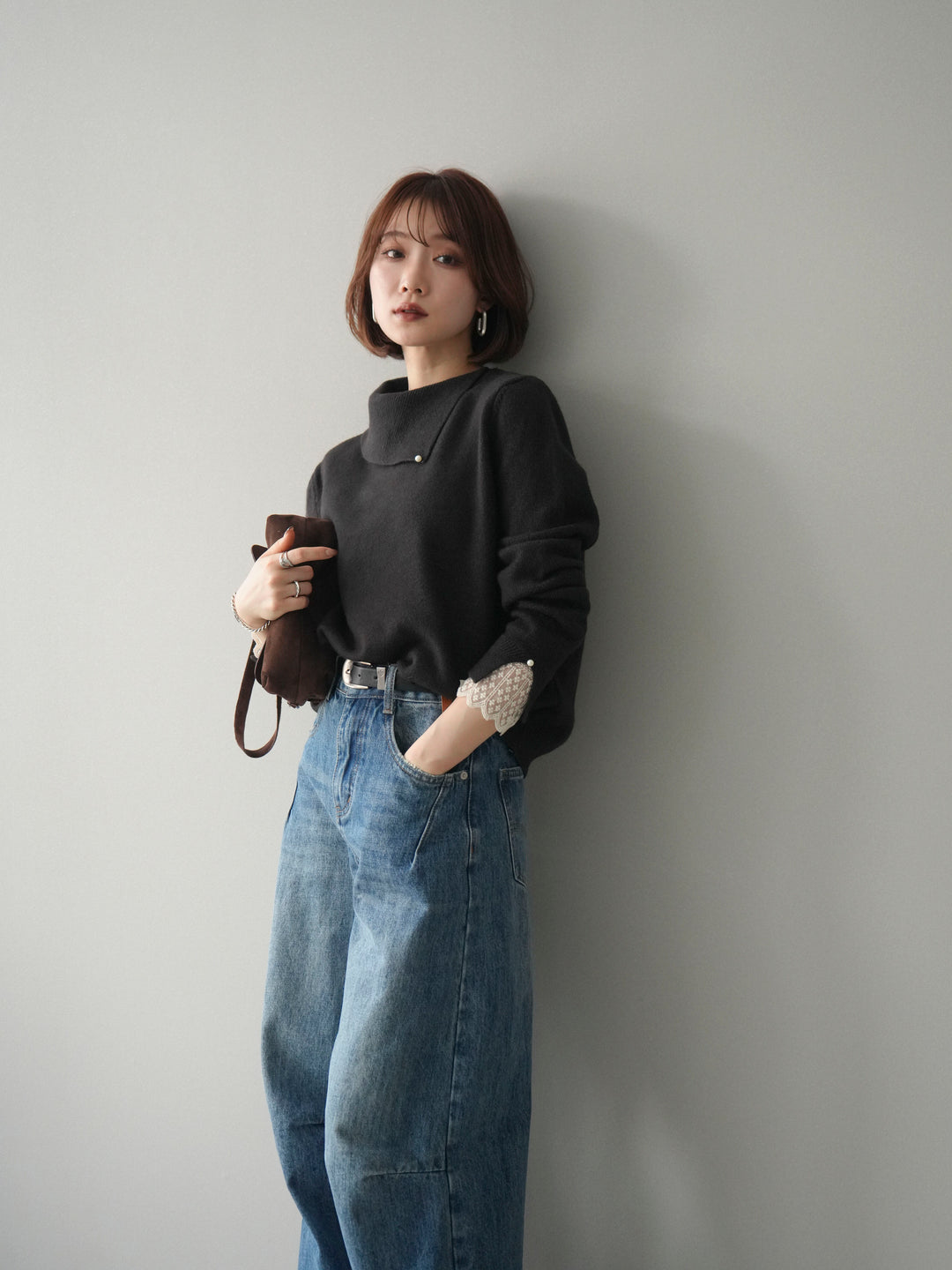 [予約]袖レースパール付き配色ニットトップス/darkbrown