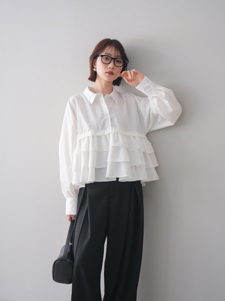 [SET]ブロードティアードショートシャツ+TRツイルデザインタックワイドパンツ(2set)