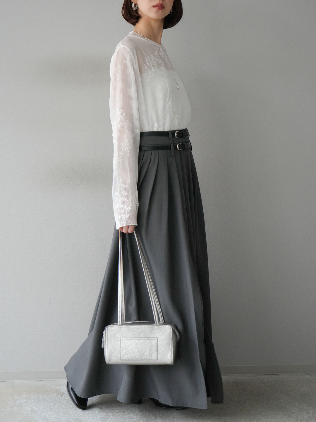 [予約]エステルプリーツスリットスカート/グレー