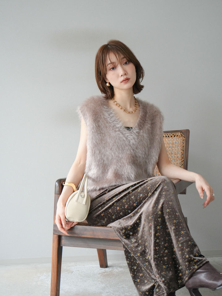 【預購】Lame Shaggy V領針織背心/灰米色