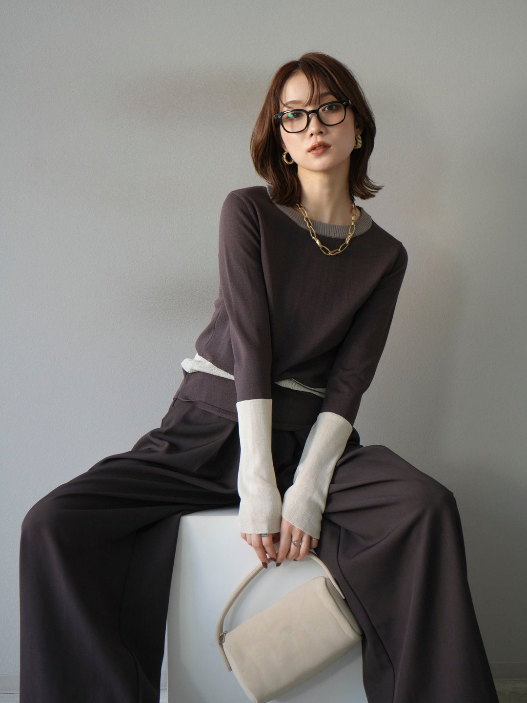 [予約]異素材配色デザインニットトップス/ブラウン