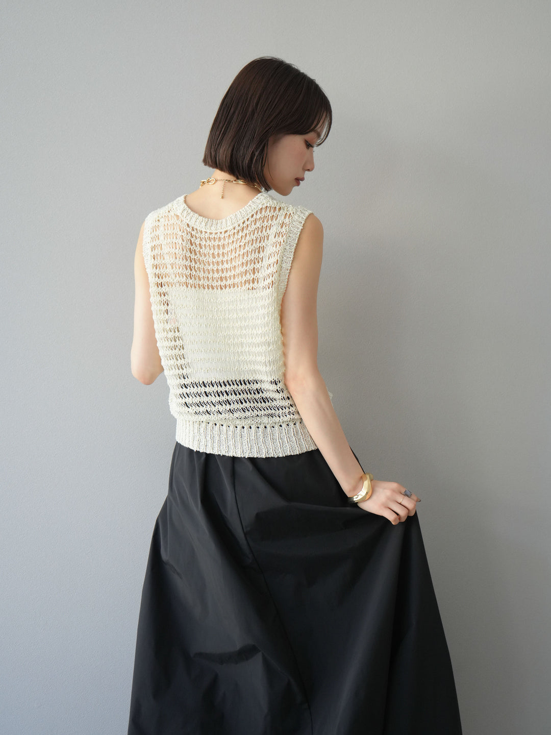 [予約]ミックスヤーン透かし編みニットタンクトップ/アイボリー