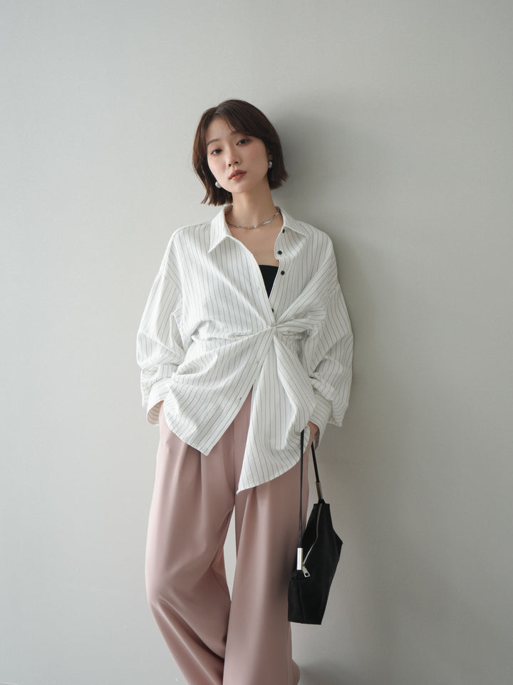 [SET]2WAYカシュクールストライプブラウス+ベルト付キーホルダーモチーフワイドパンツ(2set)