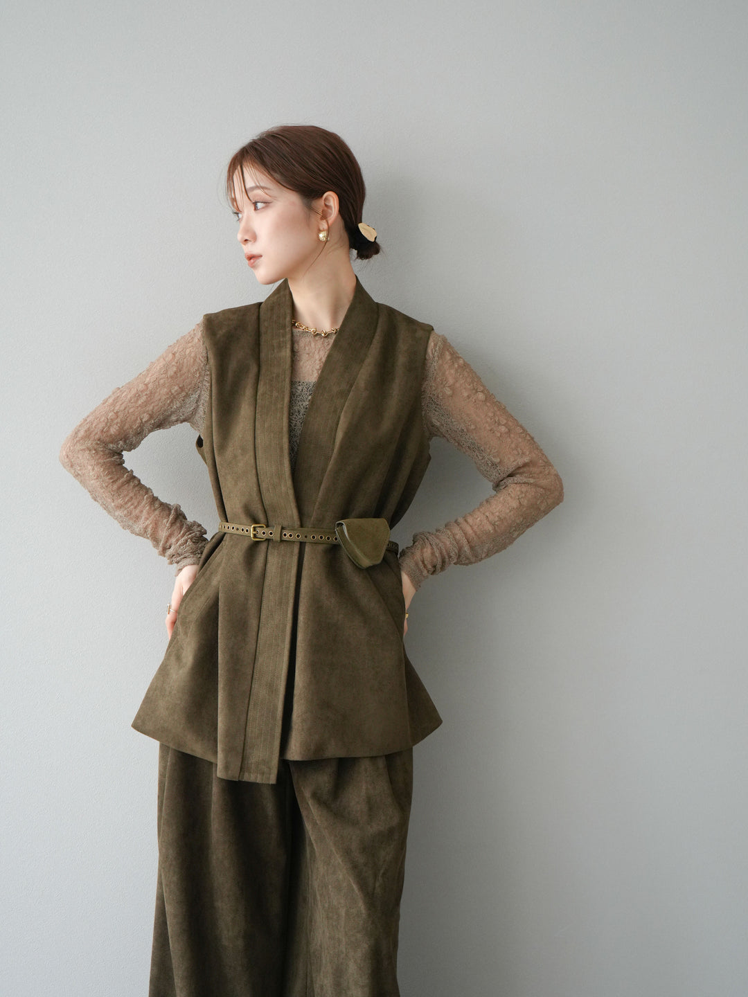 [SET]ポーチベルト付スウェードジレ×パンツSET UP(2set)