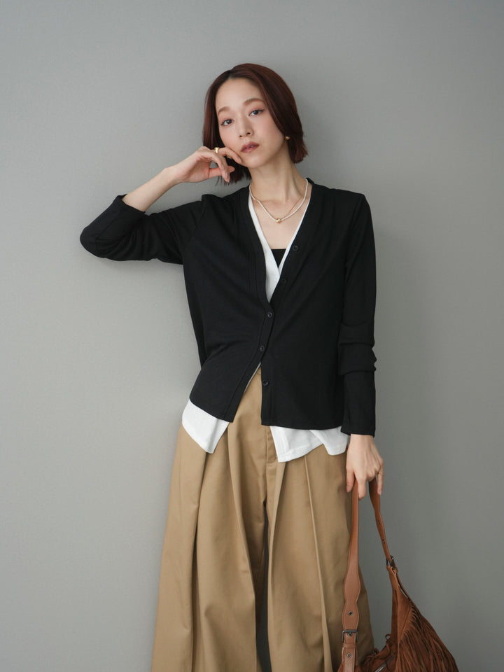 [予約]配色レイヤードカットリブカーディガン/black