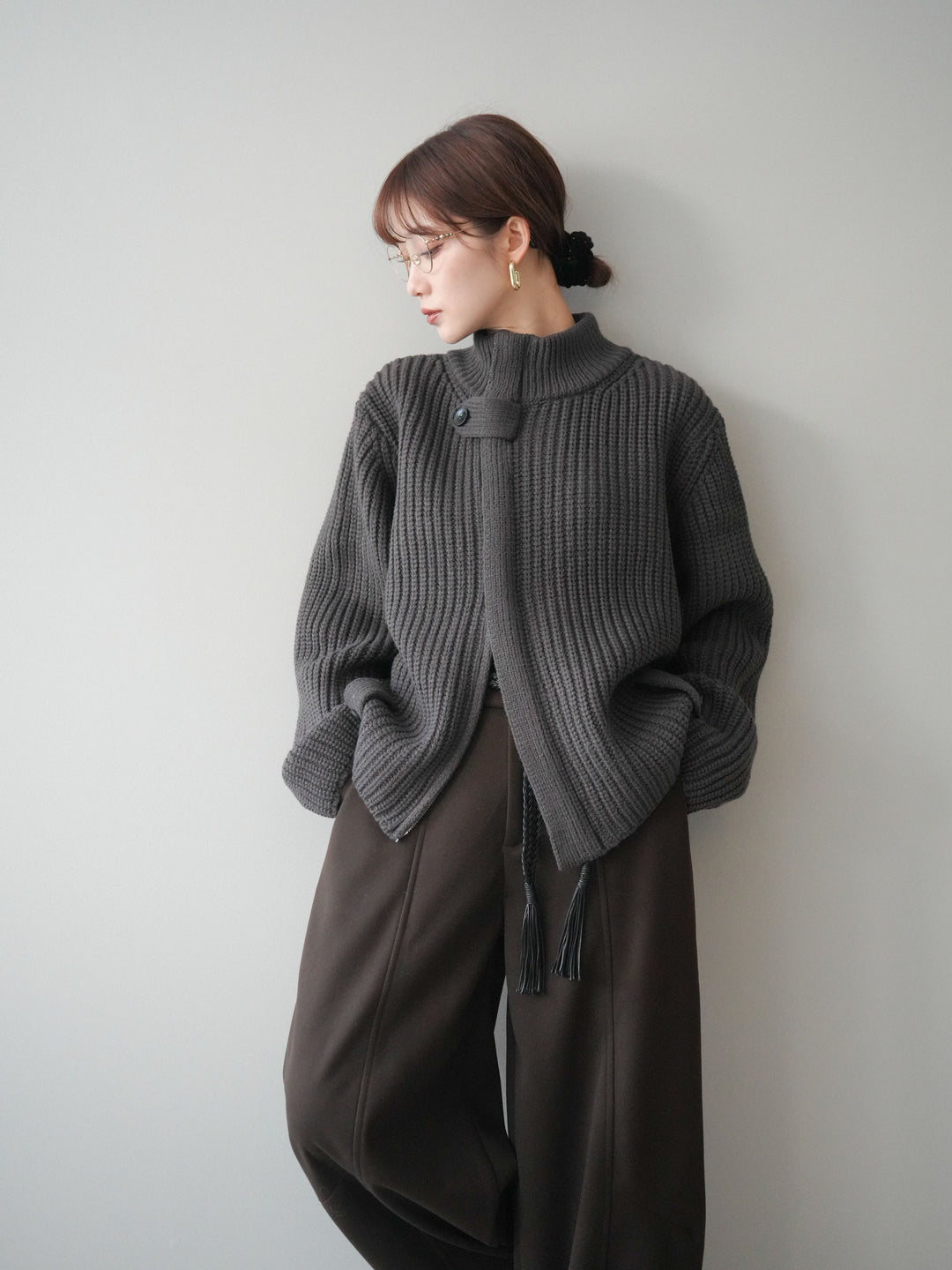 [SET]畦編みボトルネックZIPニットカーディガン+畦編みボトルネックZIPニットカーディガン(2set)