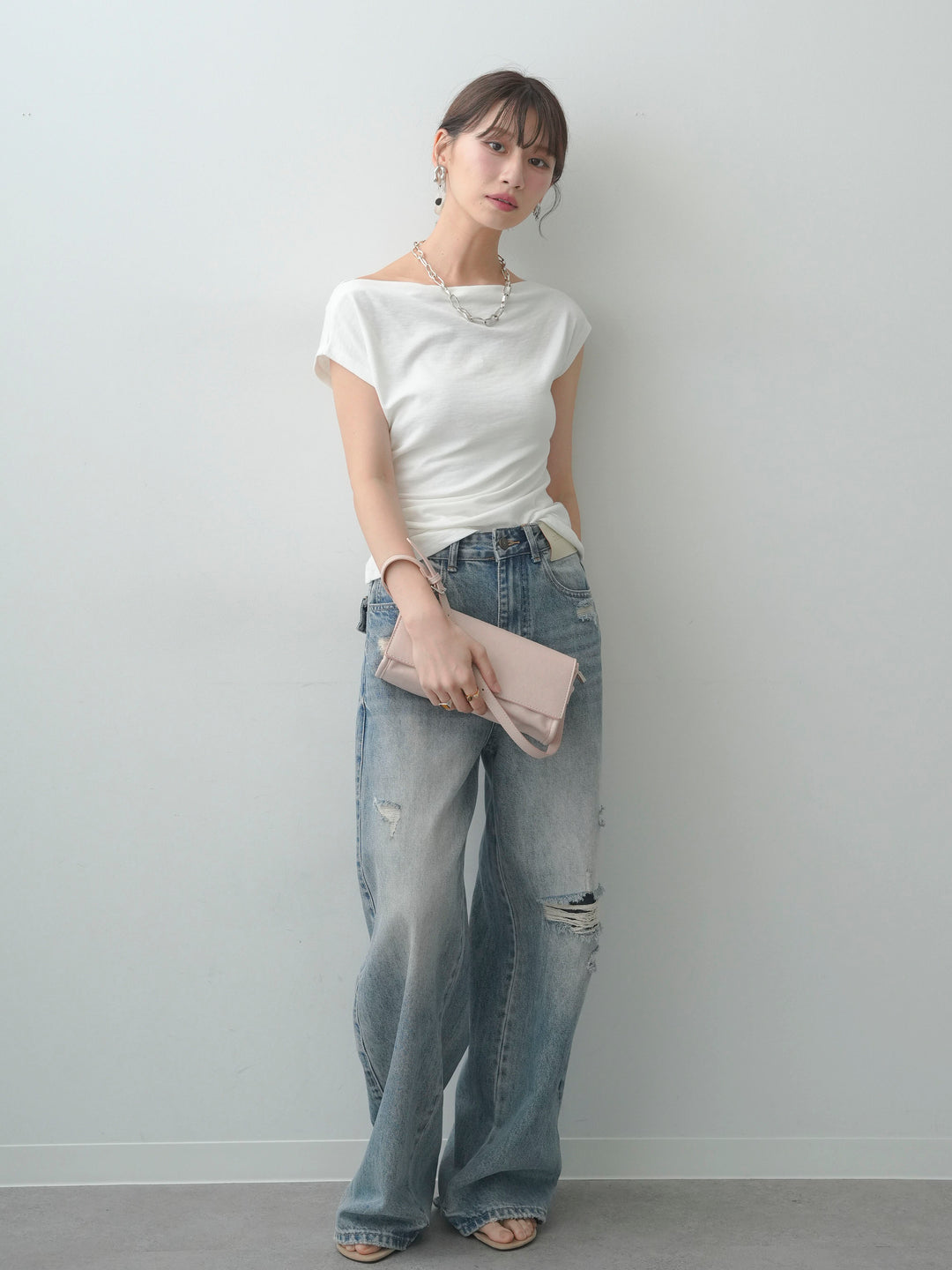 [SET]アシメギャザーカットソー+ダメージデニムセミワイドパンツ(2set)