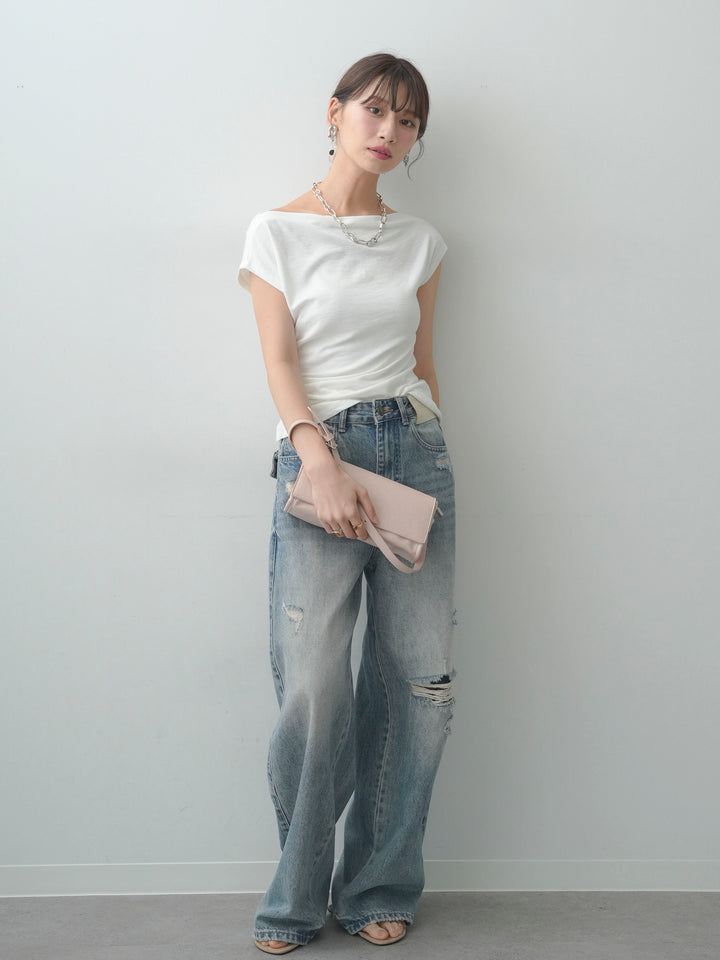 [SET]アシメギャザーカットソー+ダメージデニムセミワイドパンツ(2set)