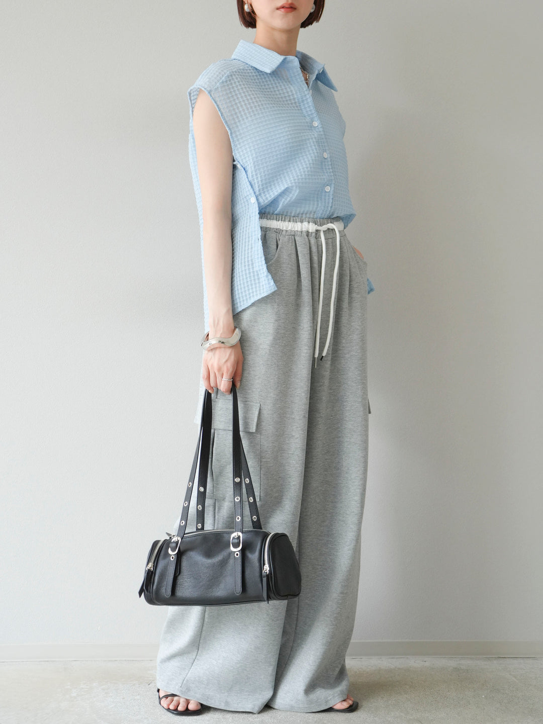 [SET]シアーチェックノースリーブシャツ+ウエストラインサイドポケットスウェットパンツ(2set)