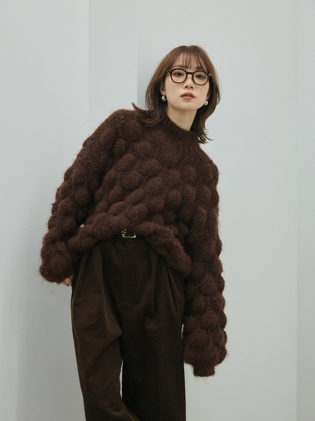 [予約]ポップコーンハイネックニットプルオーバー/brown