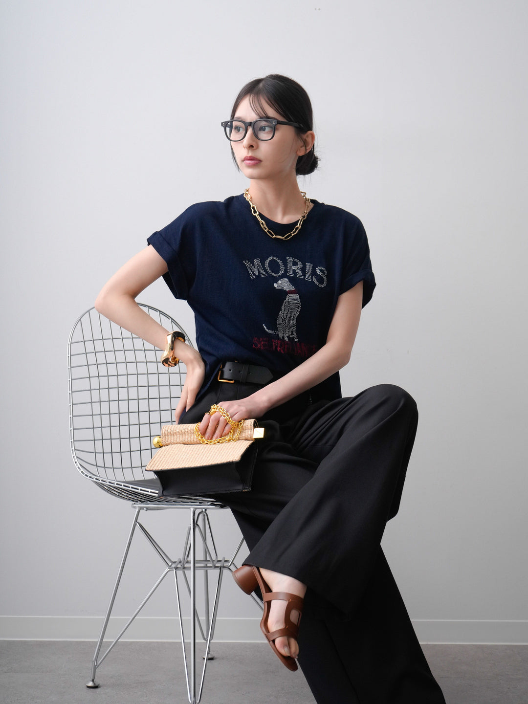 [SET]ドッグエンブロイダリーTEE+アシンメトリーベルトタックワイドパンツ(2set)