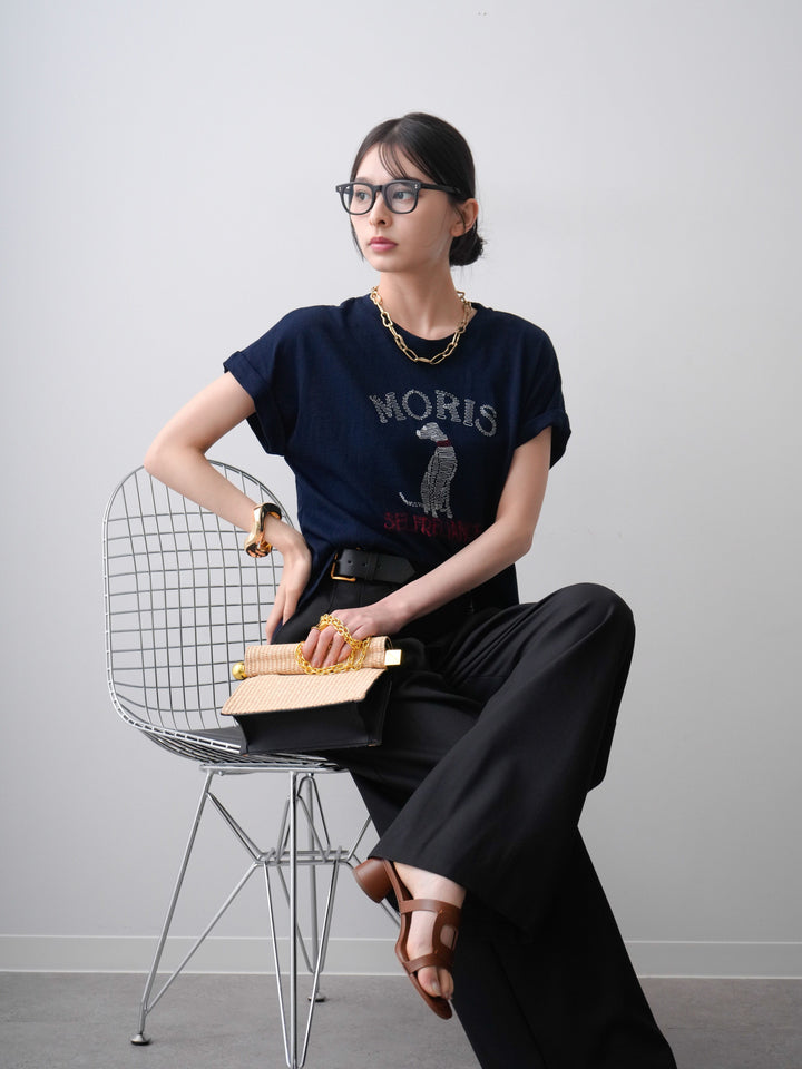 [SET]ドッグエンブロイダリーTEE+アシンメトリーベルトタックワイドパンツ(2set)