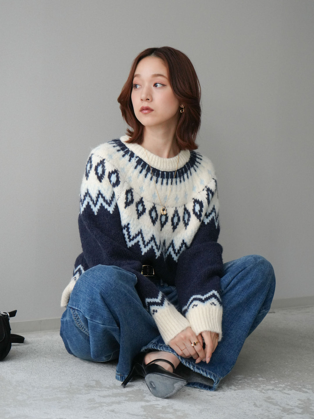 [予約]ノルディック柄ニットプルオーバー/navy